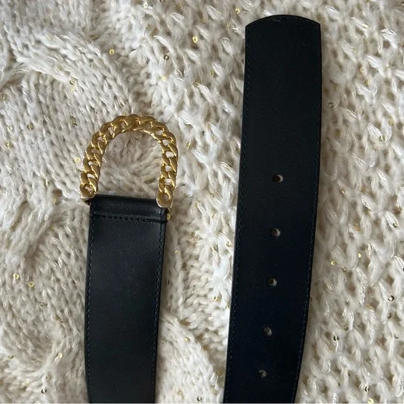 Vintage GORBANI Genuine Leather GOLD CURB CHAIN LOOK Elegant BLACK BELT M - Picture 3 of 16